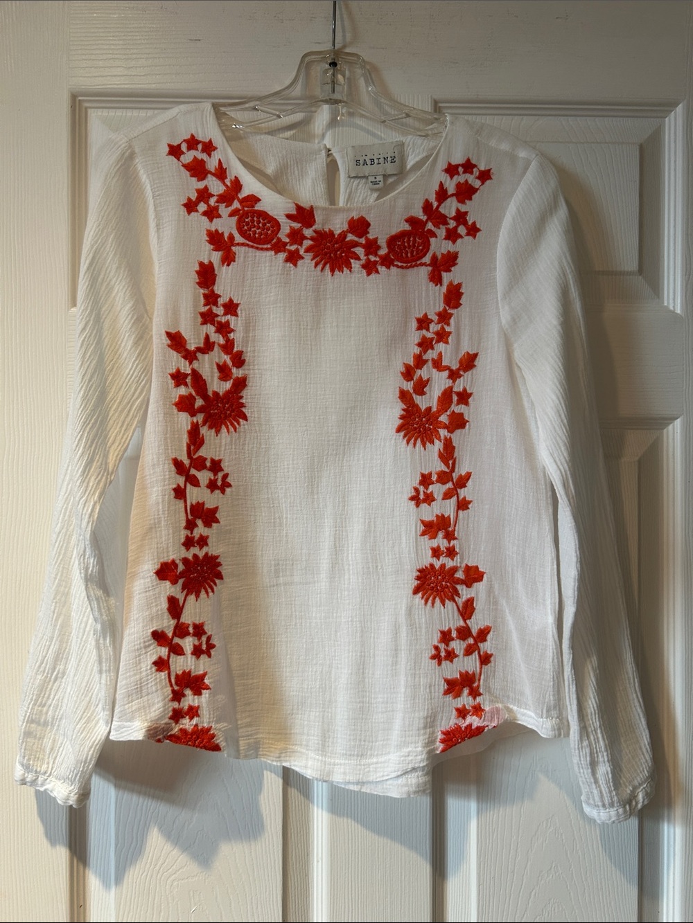 Sabine White Gauze Blouse with Bright Red/Orange Floral Embroidery